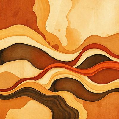 The primary subject of the image is a painting of a brown and red striped pattern. The setting is a wooden surface, and the visual style appears to be a combination of digital art and illustration. The dominant colors in the painting are brown and red, creating a warm and earthy atmosphere.